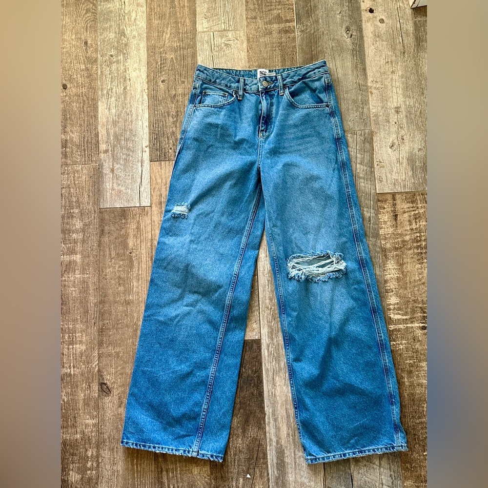 BDG High Rise Puddle Leg Jeans • Y2K Wide Leg Distressed Denim • Blue • Size 29